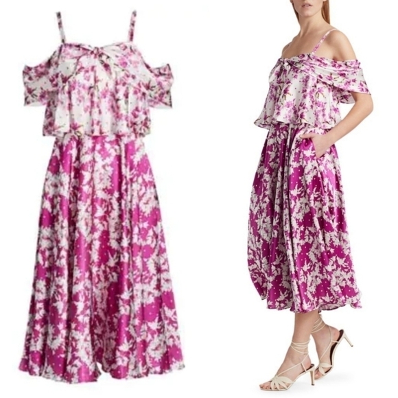 New AMUR Off-The-Shoulder Magenta Popover Waist Midi Dress NWT Size 2 - Picture 8 of 16